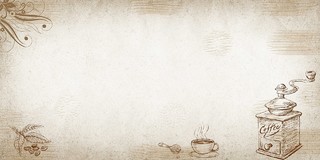 淡咖啡色简约复古抽象咖啡机咖啡豆花边咖啡杯咖啡勺展板背景